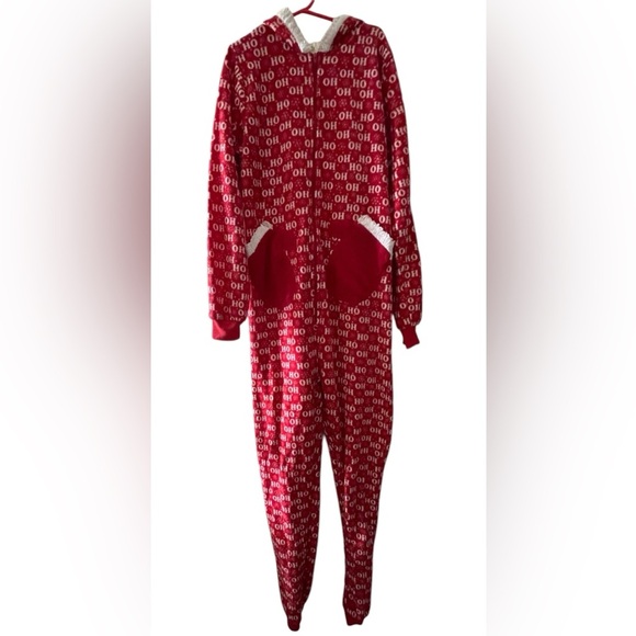 Festive Red 'Ho Ho Ho' Hooded Onesie/Jumpsuit Size Medium - Picture 1 of 7